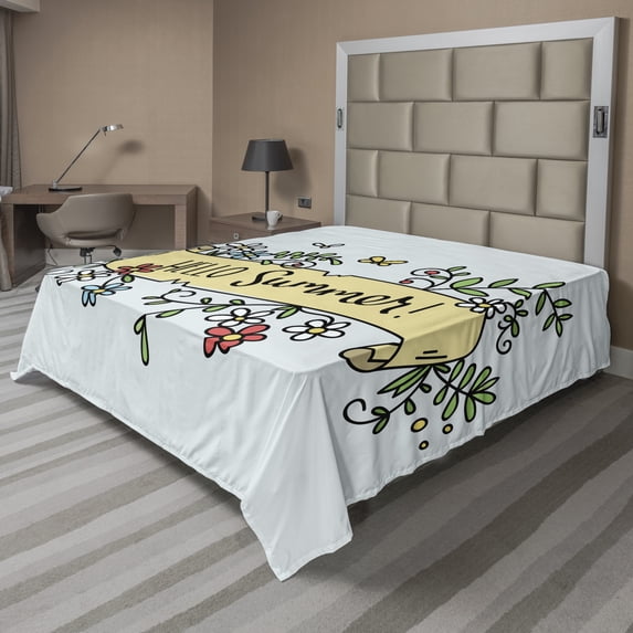 Ambesonne Saying Flat Sheet, Floral Hello Summer Ribbon, Full Size, Multicolor