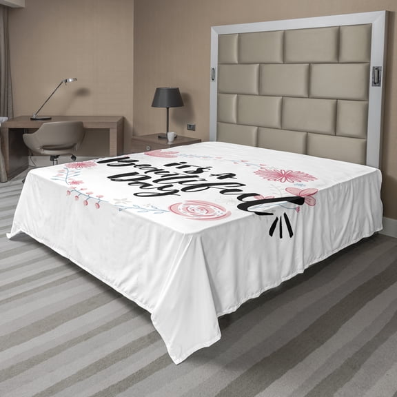 Ambesonne Saying Flat Sheet, Floral Wreath Modern Text, Full Size, Pale Pink Blue Black