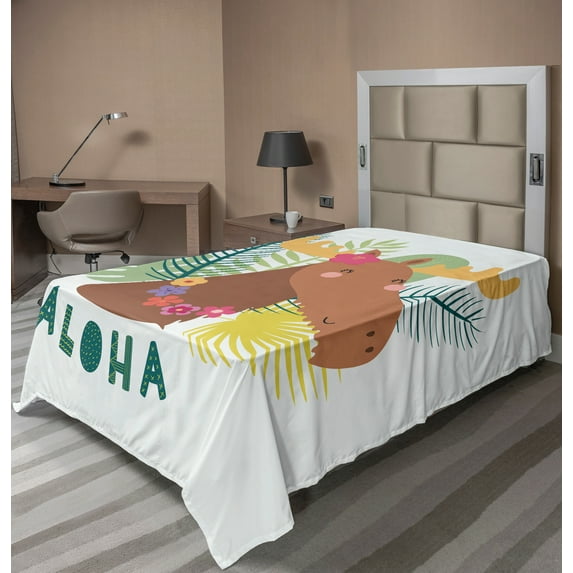 Ambesonne Saying Flat Sheet, Flourish Happy Moose Aloha, Twin Size, Multicolor