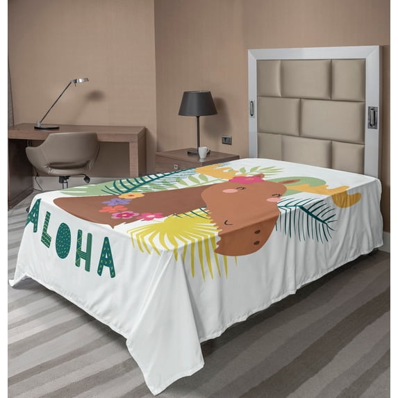 Ambesonne Saying Flat Sheet, Flourish Happy Moose Aloha, TwinXL Size, Multicolor