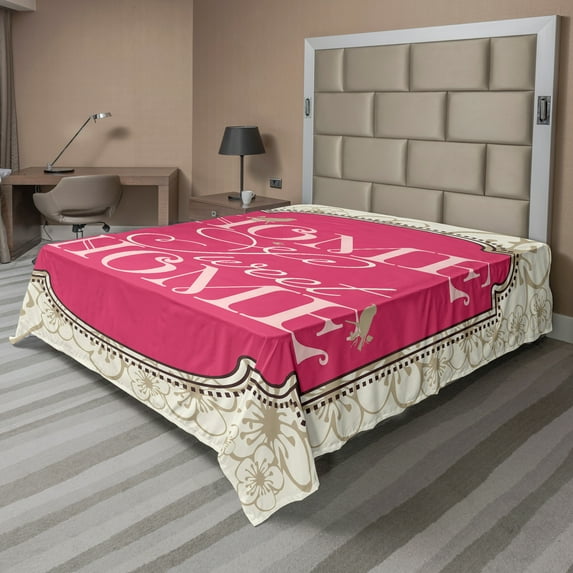 Ambesonne Saying Flat Sheet, Frame with Flowers, California King, Pink Tan