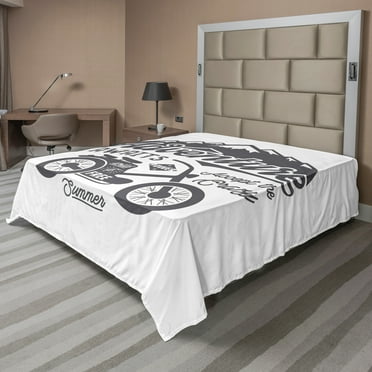 Ambesonne Saying Flat Sheet, Greyscale Mountains Bike, King Size, White and Grey
