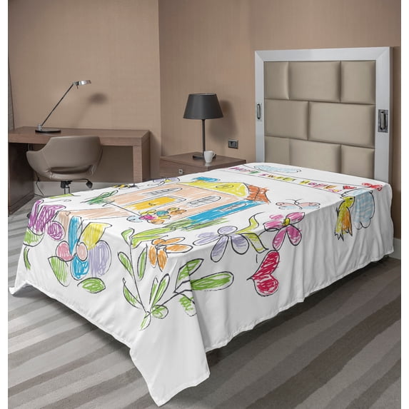 Ambesonne Saying Flat Sheet, Happy Home Colorful Flowers, Twin Size, Multicolor