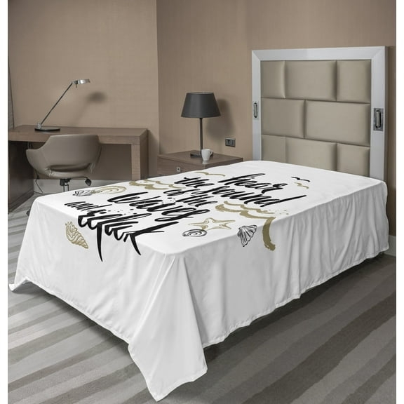 Ambesonne Saying Flat Sheet, Hear the Sound of Waves Text, TwinXL Size, Camel Black White