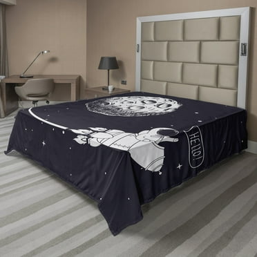 Ambesonne Saying Flat Sheet, Hello Moon Astronaut Rocket, Queen Size, Indigo and White