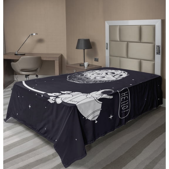Ambesonne Saying Flat Sheet, Hello Moon Astronaut Rocket, Twin Size, Indigo and White