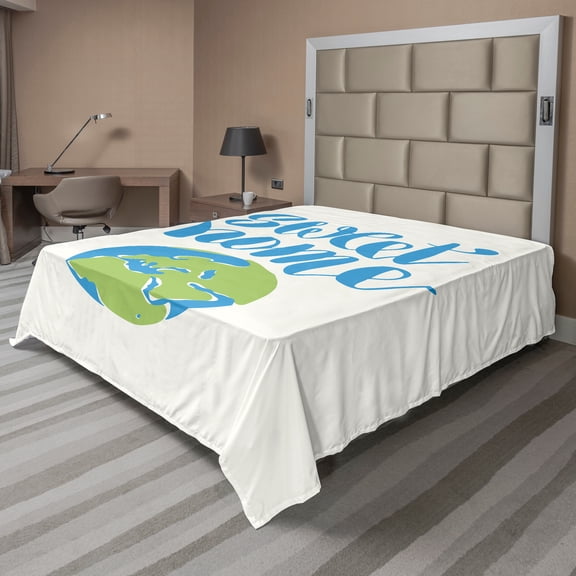 Ambesonne Saying Flat Sheet, Home Cartoon Earth Art, California King, White Sky Blue and Green