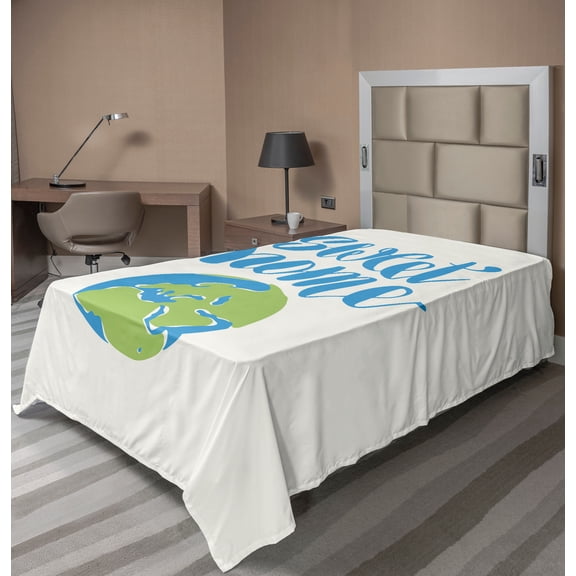 Ambesonne Saying Flat Sheet, Home Cartoon Earth Art, Twin Size, White Sky Blue and Green