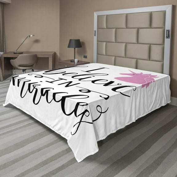 Ambesonne Saying Flat Sheet, I Beleive in Miracles Text, California King, Pink Charcoal Grey White