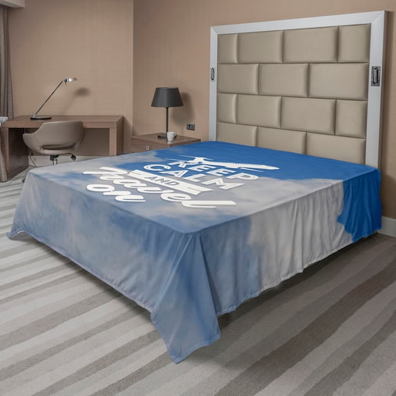 Ambesonne Saying Flat Sheet, Keep Calm and Travel, King Size, Cobalt Blue and White