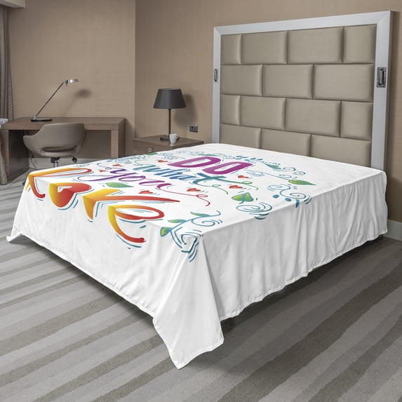 Ambesonne Saying Flat Sheet, Leaves Heart Shapes Phrase, Full Size, Multicolor