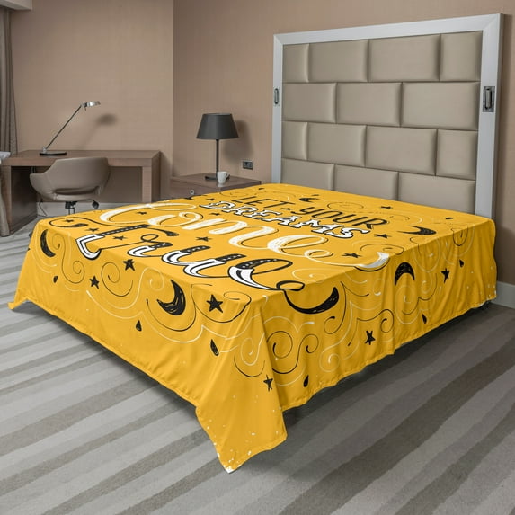 Ambesonne Saying Flat Sheet, Let Your Dreams Come True, Full Size, Earth Yellow Black White