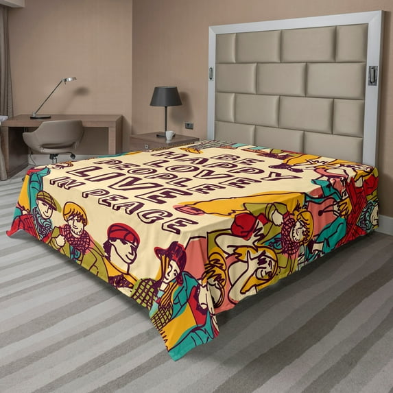 Ambesonne Saying Flat Sheet, Love Peace, King Size, Multicolor