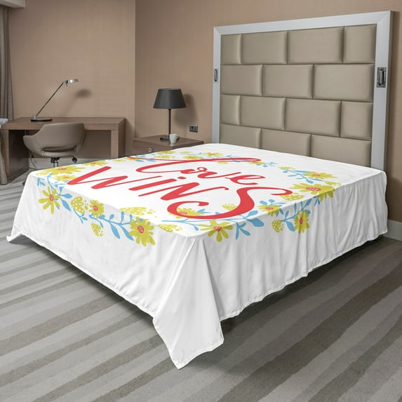 Ambesonne Saying Flat Sheet, Love Wins Floral Wreath, King Size, Red Yellow Sky Blue