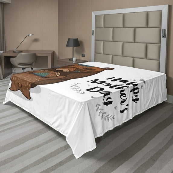 Ambesonne Saying Flat Sheet, Mom and Bear Hug, King Size, Black Brown Teal