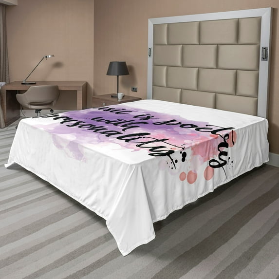 Ambesonne Saying Flat Sheet, Music is a Poetry Slogan, California King, Lavender Coral and Black