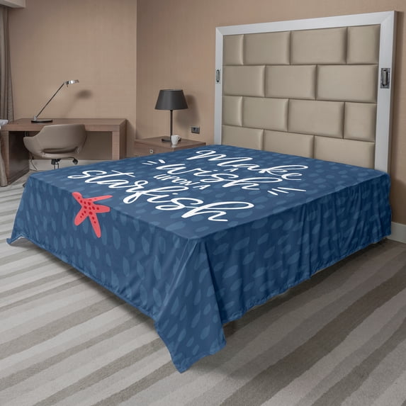 Ambesonne Saying Flat Sheet, Nautical Text with Starfish, Full Size, Dark Sky Blue Slate Blue
