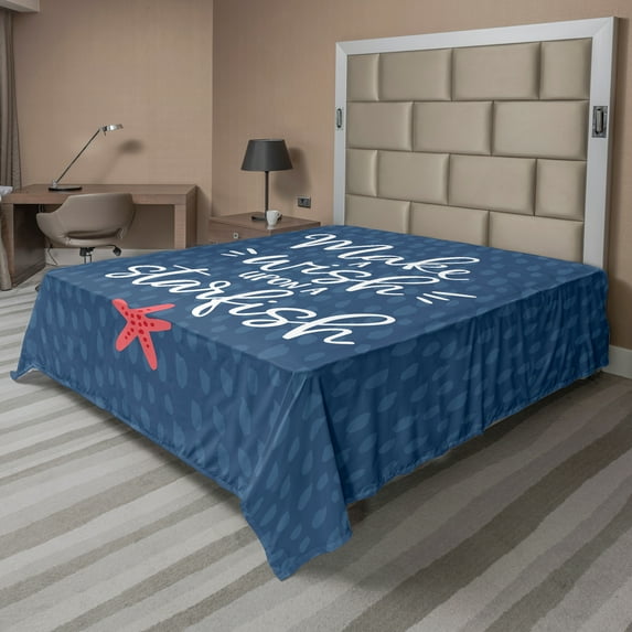 Ambesonne Saying Flat Sheet, Nautical Text with Starfish, King Size, Dark Sky Blue Slate Blue