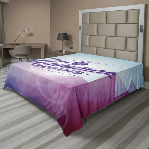 Ambesonne Saying Flat Sheet, Polygonal Mountains Triangle, California King, Purple Magenta Blue