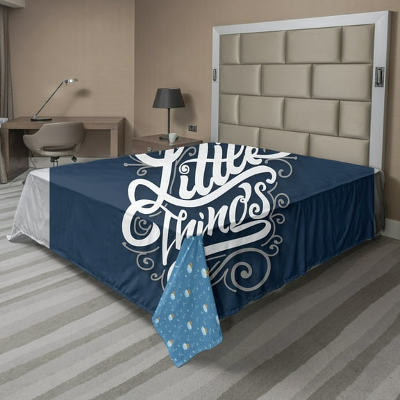 Ambesonne Saying Flat Sheet, Positive Phrase Curlicues, Queen Size, Navy Blue and White