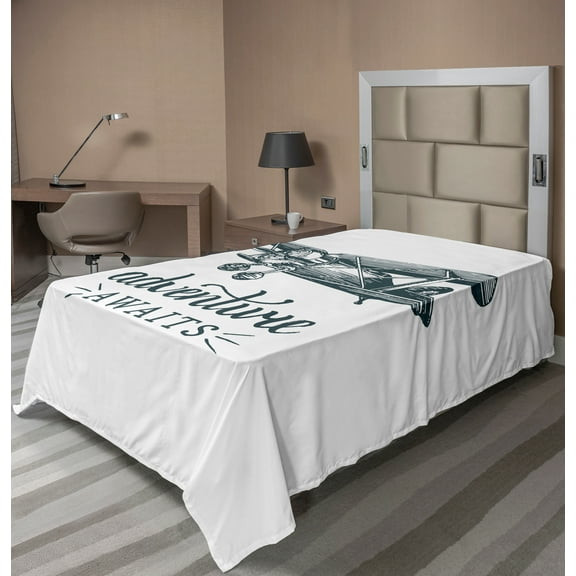 Ambesonne Saying Flat Sheet, Retro Airplane and Words, TwinXL Size, Dark Petrol Blue and White