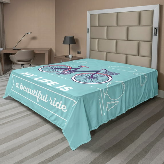 Ambesonne Saying Flat Sheet, Retro Pastel Bike with Text, King Size, Pale Blue Dark Purple