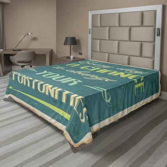 Ambesonne Saying Flat Sheet, Retro Poster, Queen Size, Jade Green Tan