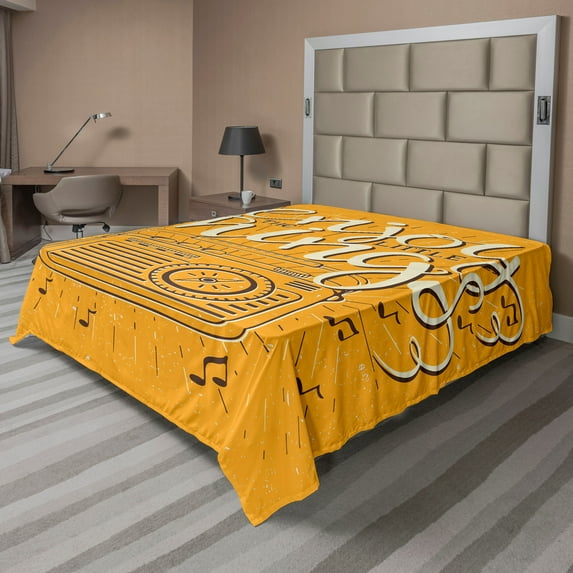 Ambesonne Saying Flat Sheet, Retro Radio Playing Music, King Size, Marigold Black and Cream
