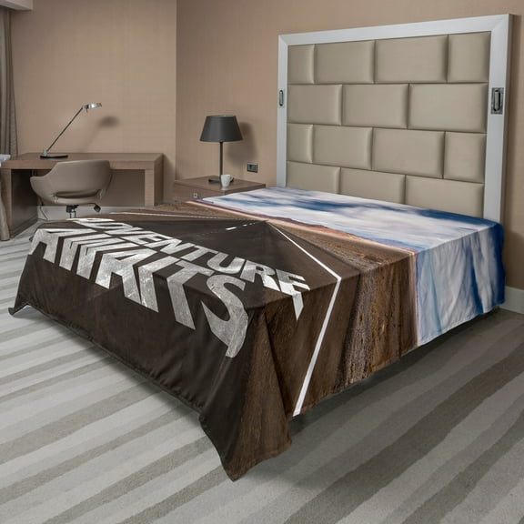 Ambesonne Saying Flat Sheet, Road Trip Words Adventure, King Size, Brown Blue and White