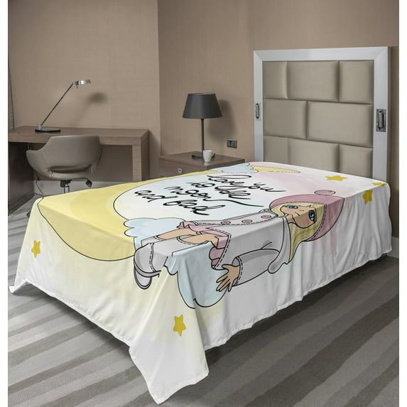 Ambesonne Saying Flat Sheet, Romantic Moon Words and Girl, Twin Size, Multicolor