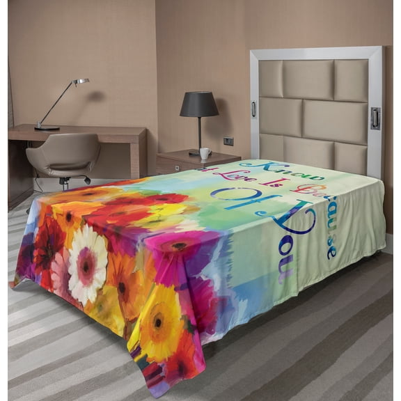 Ambesonne Saying Flat Sheet, Romantic Words with Flowers, Twin Size, Multicolor