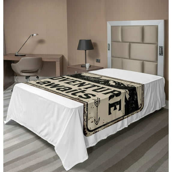 Ambesonne Saying Flat Sheet, Rusty Art Mountain Sign Camp, Twin Size, Grey Yellow Charcoal Grey