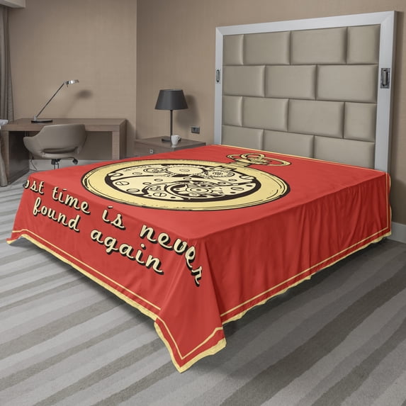 Ambesonne Saying Flat Sheet, Saying About Time Vintage, Full Size, Pale Yellow Dark Coral