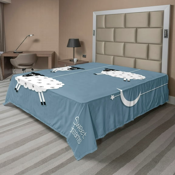 Ambesonne Saying Flat Sheet, Sheep Moon Star, King Size, Slate Blue Black White