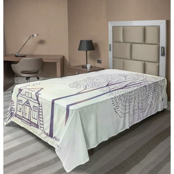 Ambesonne Saying Flat Sheet, Sketch Country House, TwinXL Size, Lavender and White