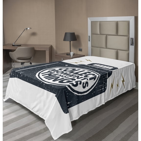 Ambesonne Saying Flat Sheet, Sketchy Photo Camera Text, Twin Size, Dark Night Blue and White