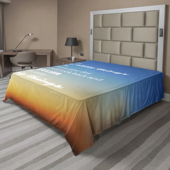 Ambesonne Saying Flat Sheet, Slogan on Blurry Backdrop, King Size, Orange Blue White