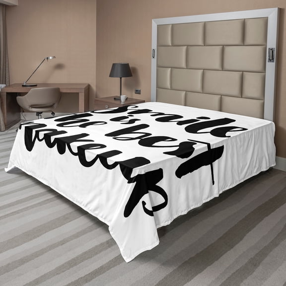 Ambesonne Saying Flat Sheet, Smile Letter, King Size, Black and White
