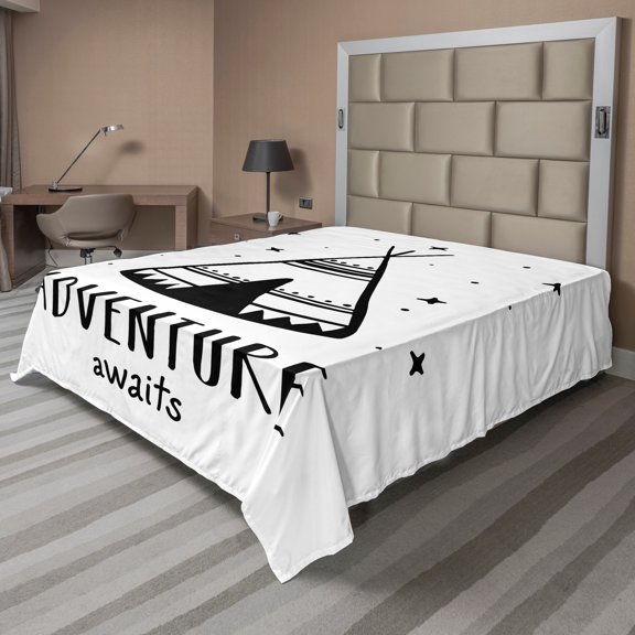 Ambesonne Saying Flat Sheet, Stars Tent Doodle and Words, King Size, White and Black