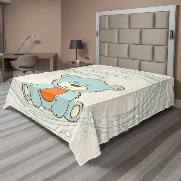 Ambesonne Saying Flat Sheet, Teddy Bear Sleep, California King, Pale Blue Eggshell