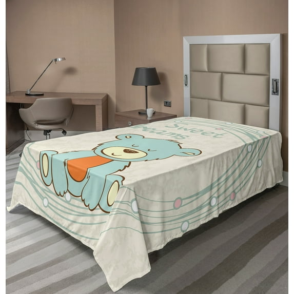 Ambesonne Saying Flat Sheet, Teddy Bear Sleep, Twin Size, Pale Blue Eggshell