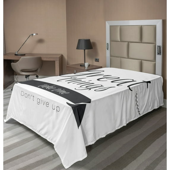 Ambesonne Saying Flat Sheet, Thing Take Time, Twin Size, Black White