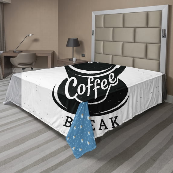 Ambesonne Saying Flat Sheet, Time for a Coffee Break, King Size, Black and White