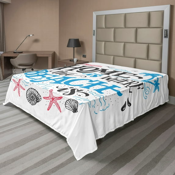 Ambesonne Saying Flat Sheet, Tropical Summer Beach, King Size, Pink Azure Blue