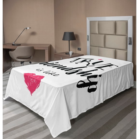 Ambesonne Saying Flat Sheet, True Friendship and Heart, TwinXL Size, Black White and Pink
