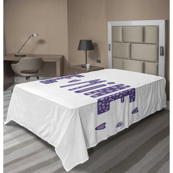 Ambesonne Saying Flat Sheet, Typographic Text and Hearts, Twin Size, Lilac Dark Purple