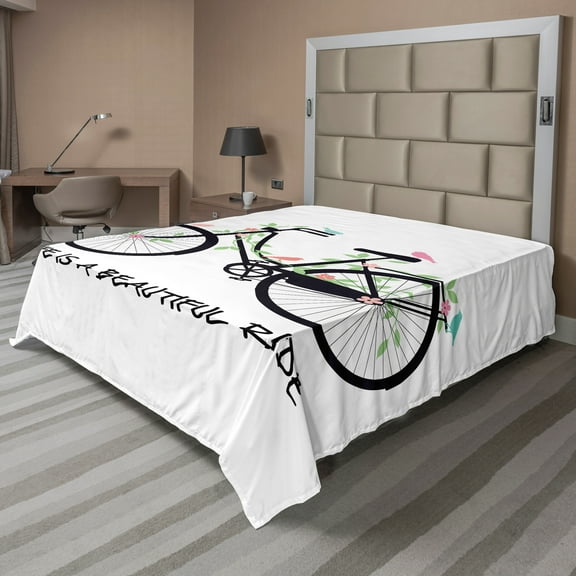 Ambesonne Saying Flat Sheet, Vintage Bike Flowers Birds, King Size, Multicolor