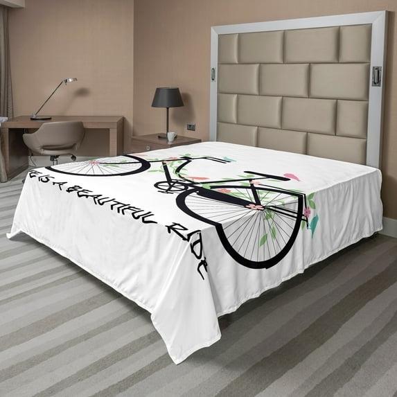 Ambesonne Saying Flat Sheet, Vintage Bike Flowers Birds, King Size, Multicolor