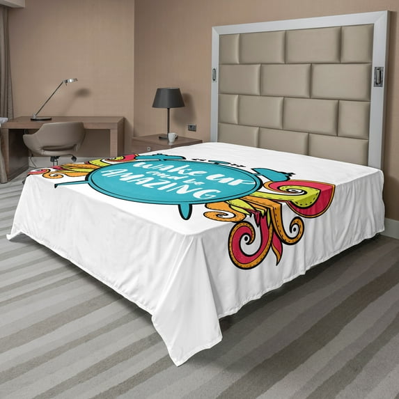 Ambesonne Saying Flat Sheet, Wake up and Be Text, Queen Size, Sky Blue Dark Coral