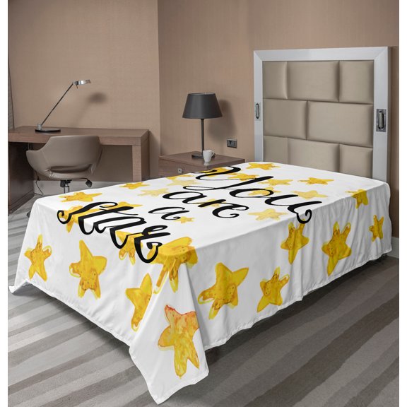 Ambesonne Saying Flat Sheet, Watercolor Stars Modern, TwinXL Size, Black Yellow and White